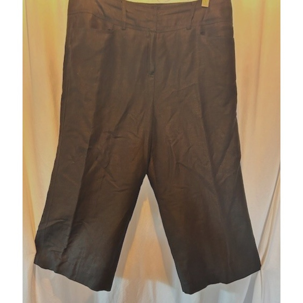 Larry Levine Linen Blend Women's Black Wide Leg Dress Crop Cuffed Pants Size 10